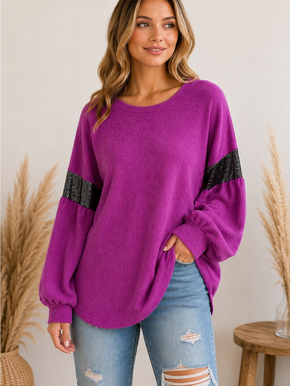 White Birch Magenta Sequin Balloon Sleeve Top XL